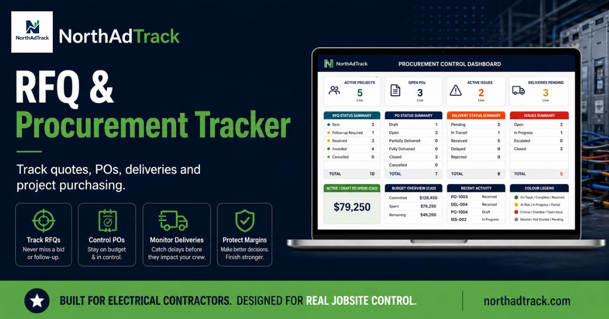 RFQ and Procurement Tracker spreadsheet showing supplier quotes, purchase orders and delivery status columns